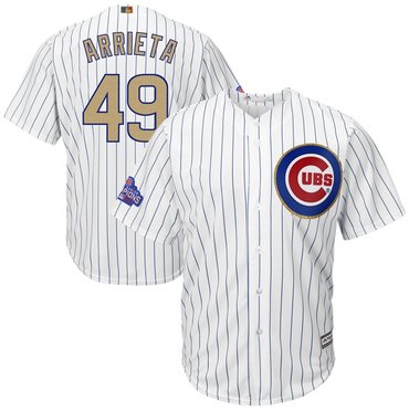 Men's Chicago Cubs #49 Jake Arrieta White World Series Champions Gold Stitched MLB Majestic 2017 Cool Base Jersey