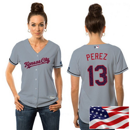 Women's Kansas City Royals #13 Salvador Perez Gray Stars & Stripes Fashion Independence Day Stitched MLB Majestic Cool Base Jersey