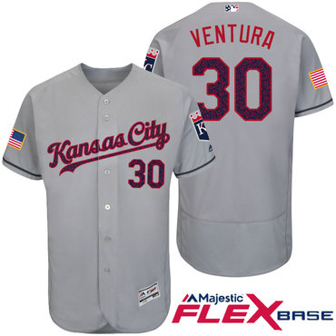 Men's Kansas City Royals #30 Yordano Ventura Gray Stars & Stripes Fashion Independence Day Stitched MLB Majestic Flex Base Jersey