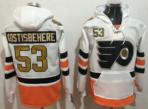 Men's Philadelphia Flyers #53 Shayne Gostisbehere White with Gold 50th Patch Stitched NHL Old Tim Hockey Hoodie