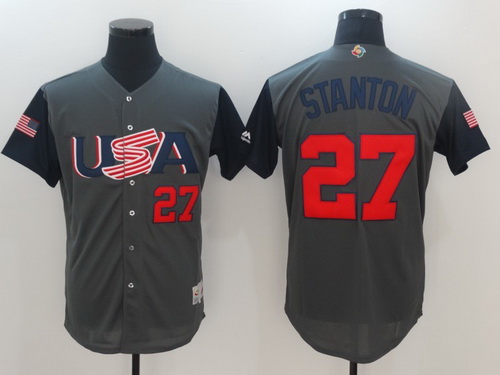 Men's Team USA Baseball Majestic #27 Giancarlo Stanton Gray 2017 World Baseball Classic Stitched Authentic Jersey