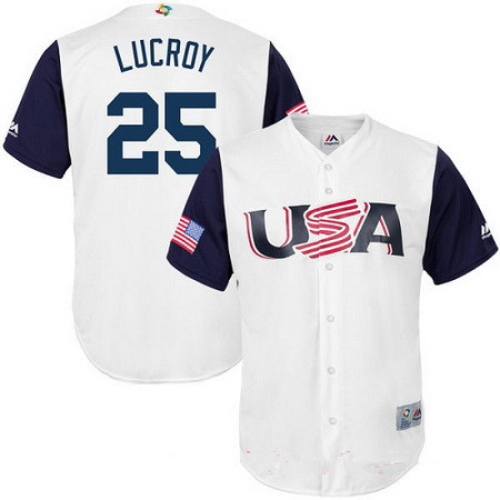 Men's Team USA Baseball Majestic #25 Jonathan Lucroy White 2017 World Baseball Classic Stitched Replica Jersey