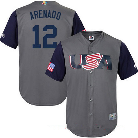 Men's Team USA Baseball Majestic #12 Nolan Arenado Gray 2017 World Baseball Classic Stitched Replica Jersey