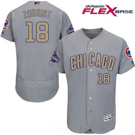 Men's Chicago Cubs #18 Ben Zobrist Gray World Series Champions Gold Stitched MLB Majestic 2017 Flex Base Jersey