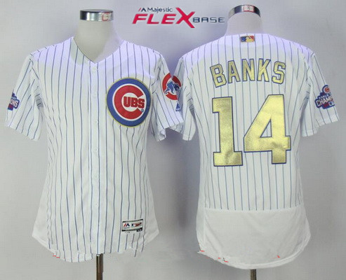 Men's Chicago Cubs #14 Ernie Banks Retired White World Series Champions Gold Stitched MLB Majestic 2017 Flex Base Jersey