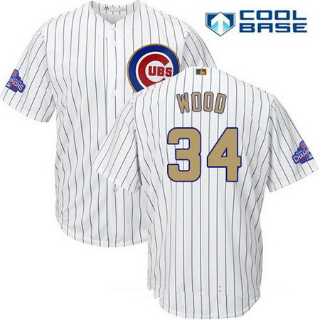 Men's Chicago Cubs #34 Kerry Wood White World Series Champions Gold Stitched MLB Majestic 2017 Cool Base Jersey