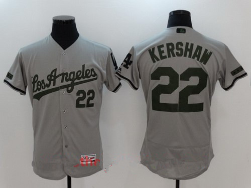 Men's Los Angeles Dodgers #22 Clayton Kershaw Gray with Green Memorial Day Stitched MLB Majestic Flex Base Jersey