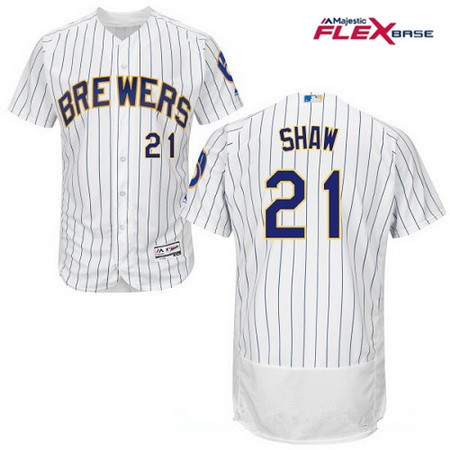 Men's Milwaukee Brewers #21 Travis Shaw White Pinstripe Home Stitched MLB Majestic Flex Base Jersey