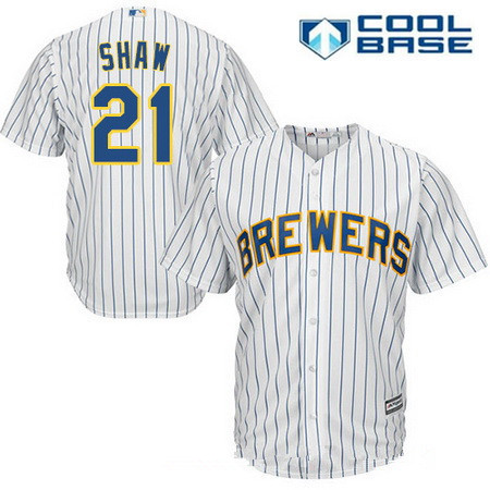 Men's Milwaukee Brewers #21 Travis Shaw White Pinstripe Home Stitched MLB Majestic Cool Base Jersey