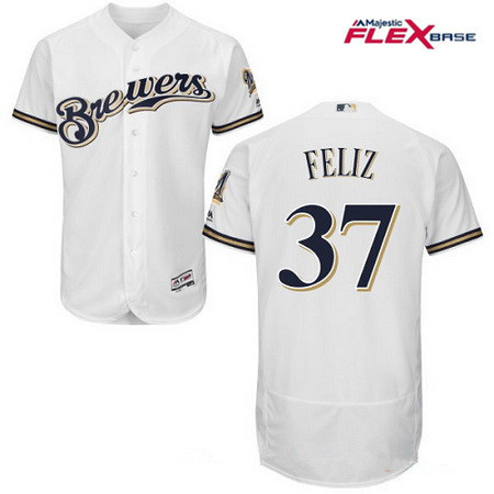 Men's Milwaukee Brewers #37 Neftali Feliz All White Stitched MLB Majestic Flex Base Jersey