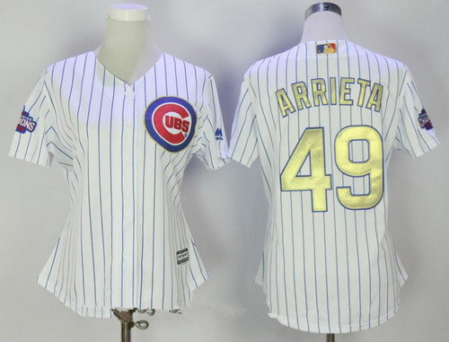 Women's Chicago Cubs #49 Jake Arrieta White World Series Champions Gold Stitched MLB Majestic 2017 Cool Base Jersey