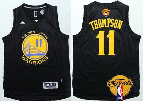 Men's Golden State Warriors #11 Klay Thompson Black With Gold 2017 The NBA Finals Patch Jersey