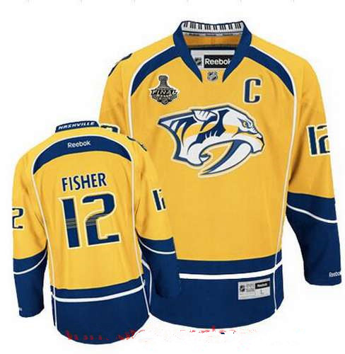 Men's Nashville Predators #12 Mike Fisher Yellow 2017 Stanley Cup Finals C Patch Stitched NHL Reebok Hockey Jersey