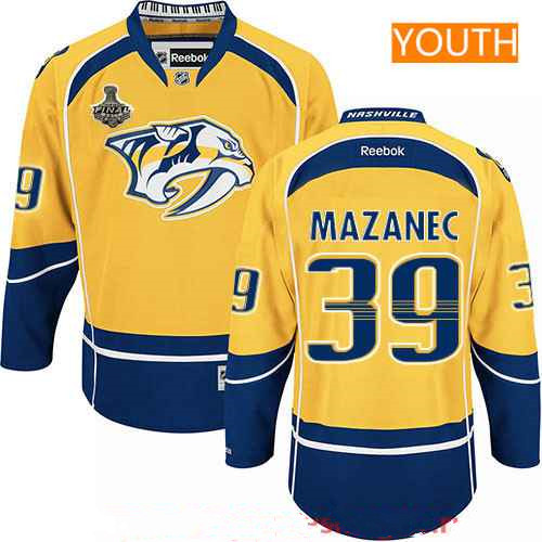 Youth Nashville Predators #39 Marek Mazanec Yellow 2017 Stanley Cup Finals Patch Stitched NHL Reebok Hockey Jersey