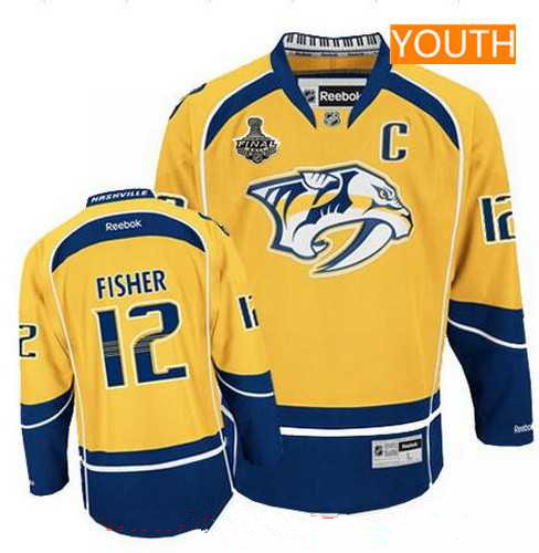 Youth Nashville Predators #12 Mike Fisher Yellow 2017 Stanley Cup Finals C Patch Stitched NHL Reebok Hockey Jersey