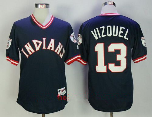 Men's Cleveland Indians #13 Omar Vizquel Retired Navy Blue Pullover Stitched MLB Majestic Flex Base Jersey