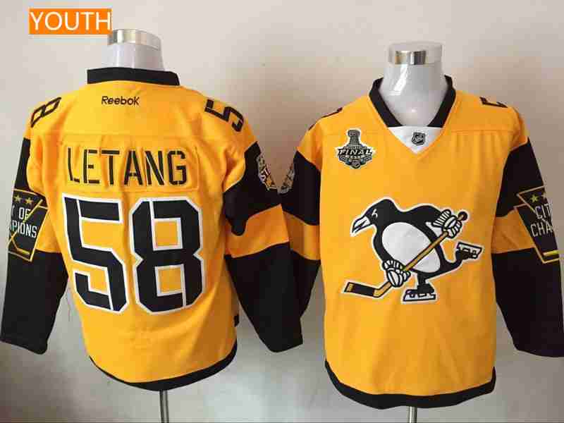 Youth Pittsburgh Penguins #58 Kris Letang Yellow Stadium Series 2017 Stanley Cup Finals Patch Stitched NHL Reebok Hockey Jersey