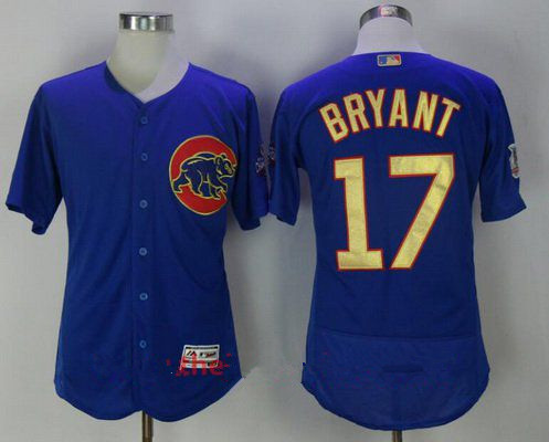 Men's Chicago Cubs #17 Kris Bryant Royal Blue World Series Champions Gold Stitched MLB Majestic 2017 Flex Base Jersey