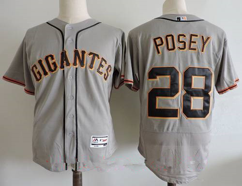 Men's San Francisco Giants #28 Buster Posey Gray Gigantes Stitched MLB Majestic Flex Base Jersey