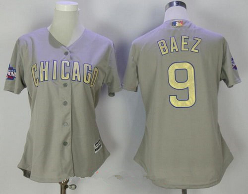 Women's Chicago Cubs #9 Javier Baez Gray World Series Champions Gold Stitched MLB Majestic 2017 Cool Base Jersey