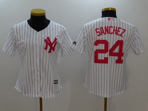 Women's New York Yankees #24 Gary Sanchez White With Pink Mother's Day Stitched MLB Majestic Cool Base Jersey