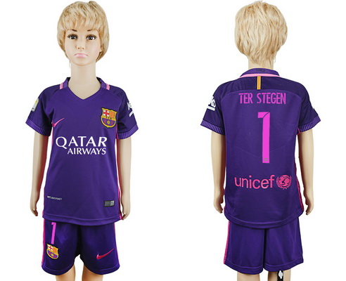 2016-17 Barcelona #1 TER STEGEN Away Soccer Youth Purple Shirt Kit