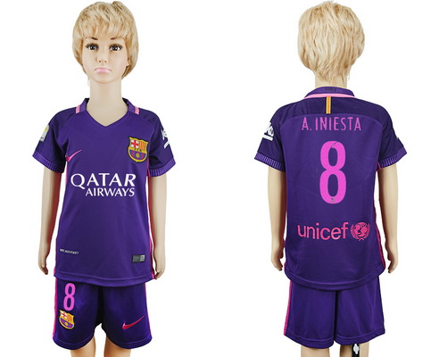 2016-17 Barcelona #8 A.INIESTA Away Soccer Youth Purple Shirt Kit