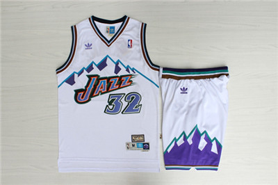 Jazz 32 Karl Malone White Hardwood Classics Jersey(With Shorts)