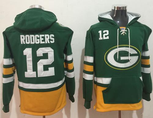 Nike Green Bay Packers #12 Aaron Rodgers Green Gold Name & Number Pullover NFL Hoodie