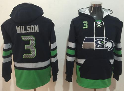 Nike Seattle Seahawks #3 Russell Wilson Navy Blue Green Name & Number Pullover NFL Hoodie