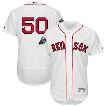 Men's Boston Red Sox #50 Mookie Betts Majestic White 2018 World Series Flex Base Player Jersey