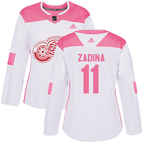 Women's  Detroit Red Wings #11 Filip Zadina Authentic Adidas White Pink Fashion Jersey