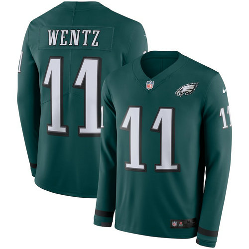 Men Nike Philadelphia Eagles 11 Carson Wentz green Therma Long Sleeve Jersey