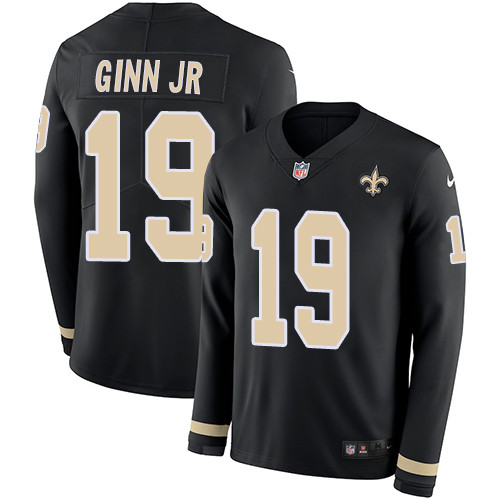 Nike Saints #19 Ted Ginn Jr Black Team Color Men's Stitched NFL Limited Therma Long Sleeve Jersey