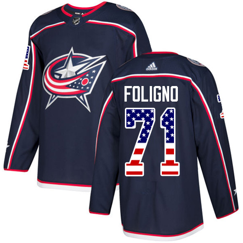 Adidas Blue Jackets #71 Nick Foligno Navy Blue Home Authentic USA Flag Stitched NHL Jersey