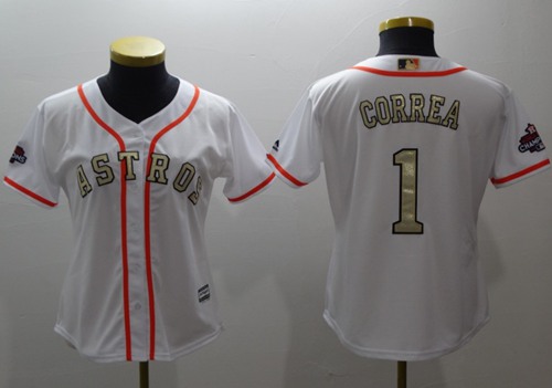 Houston Astros #1 Carlos Correa White 2017 World Series Champions Gold Program Cool Base Women's Stitched Baseball Jersey