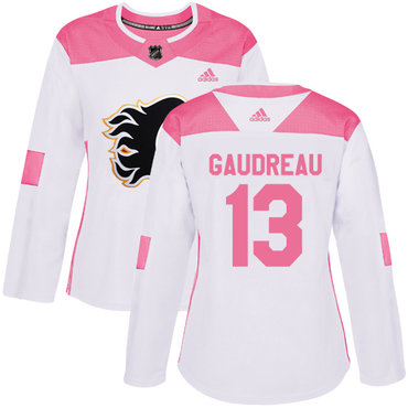 Adidas Calgary Flames #13 Johnny Gaudreau White Pink Authentic Fashion Women's Stitched NHL Jersey