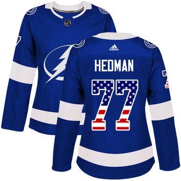 Adidas Tampa Bay Lightning #77 Victor Hedman Blue Home Authentic USA Flag Women's Stitched NHL Jersey