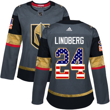 Adidas Vegas Golden Knights #24 Oscar Lindberg Grey Home Authentic USA Flag Women's Stitched NHL Jersey