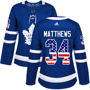 Adidas Toronto Maple Leafs #34 Auston Matthews Blue Home Authentic USA Flag Women's Stitched NHL Jersey