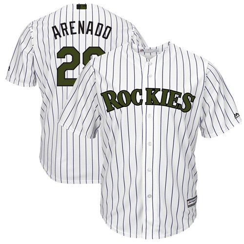 Men's Colorado Rockies #28 Nolan Arenado White Strip New Cool Base 2018 Memorial Day Stitched Baseball Jersey