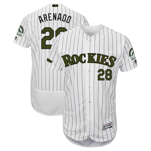 Men's Colorado Rockies #28 Nolan Arenado White Strip Flexbase Authentic Collection 2018 Memorial Day Stitched Baseball Jersey