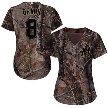 Milwaukee Brewers #8 Ryan Braun Camo Realtree Collection Cool Base Women's Stitched Baseball Jersey