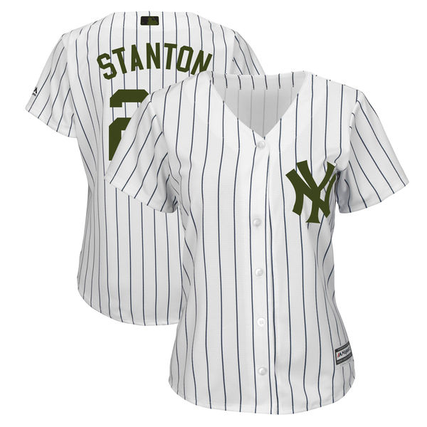 New York Yankees #27 Giancarlo Stanton White Women 2018 Memorial Day Cool Base Jersey