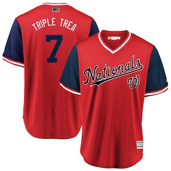 Men's Washington Nationals 7 Trea Turner Triple Trea Majestic Red 2018 Players' Weekend Cool Base Jersey