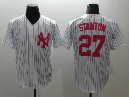 Yankees 27 Giancarlo Stanton White Pink Cool Base Jersey