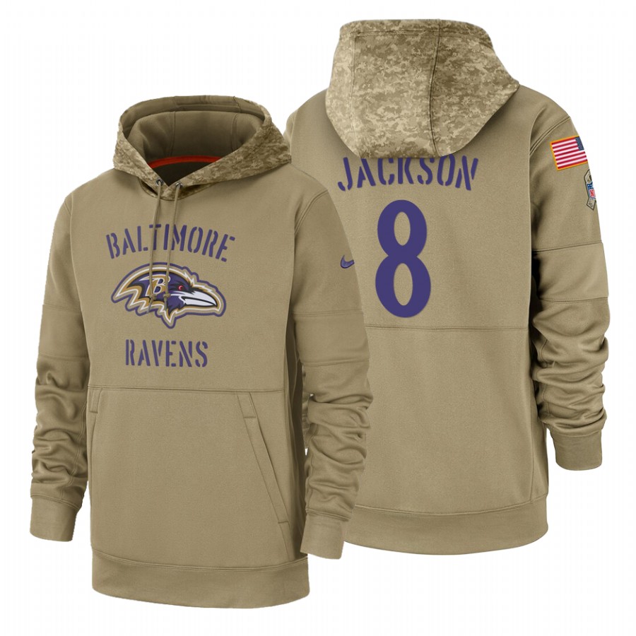 Baltimore Ravens #8 Lamar Jackson Nike Tan 2019 Salute To Service Name & Number Sideline Therma Pullover Hoodie