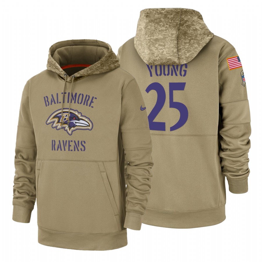 Baltimore Ravens #25 Tavon Young Nike Tan 2019 Salute To Service Name & Number Sideline Therma Pullover Hoodie