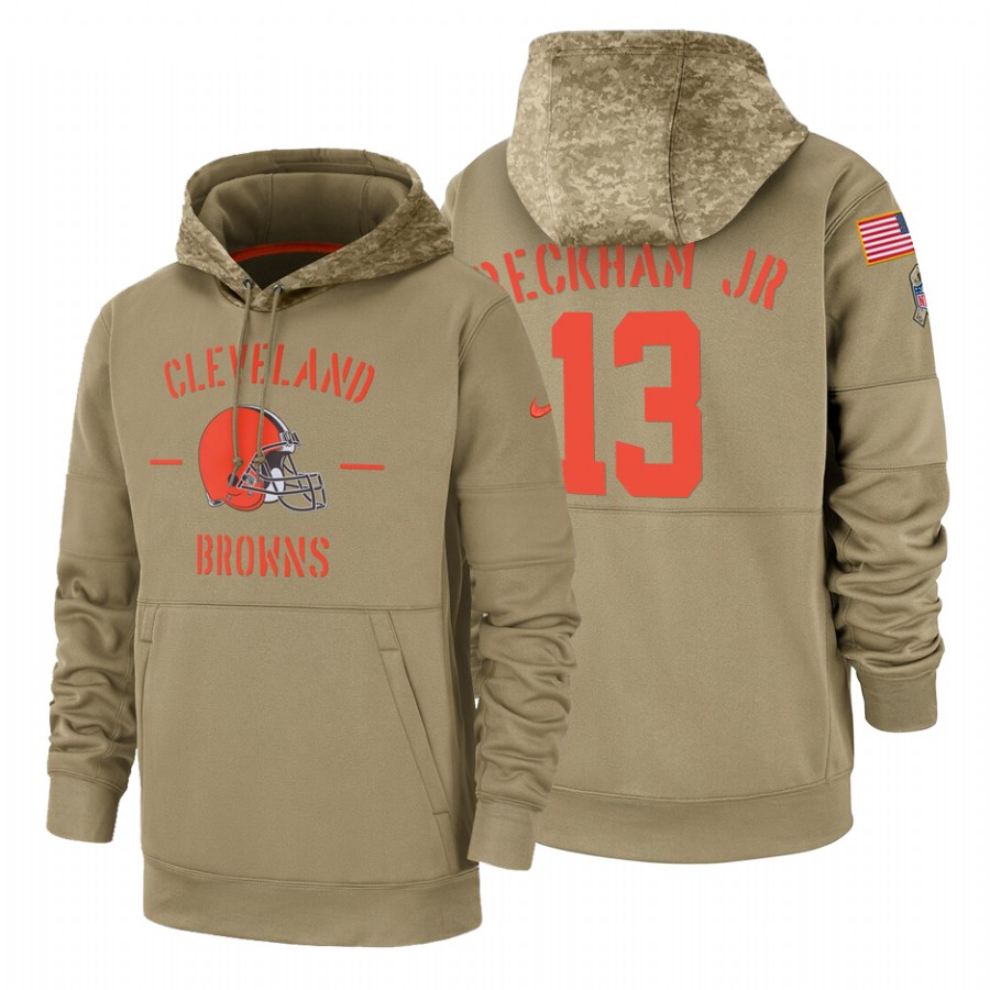 Cleveland Browns #13 Odell Beckham Jr Nike Tan 2019 Salute To Service Name & Number Sideline Therma Pullover Hoodie