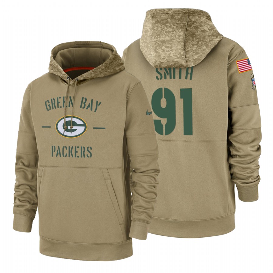 Green Bay Packers #91 Preston Smith Nike Tan 2019 Salute To Service Name & Number Sideline Therma Pullover Hoodie